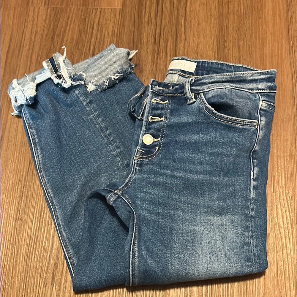 Blue Ankle Cropped Jeans with Distressed Details